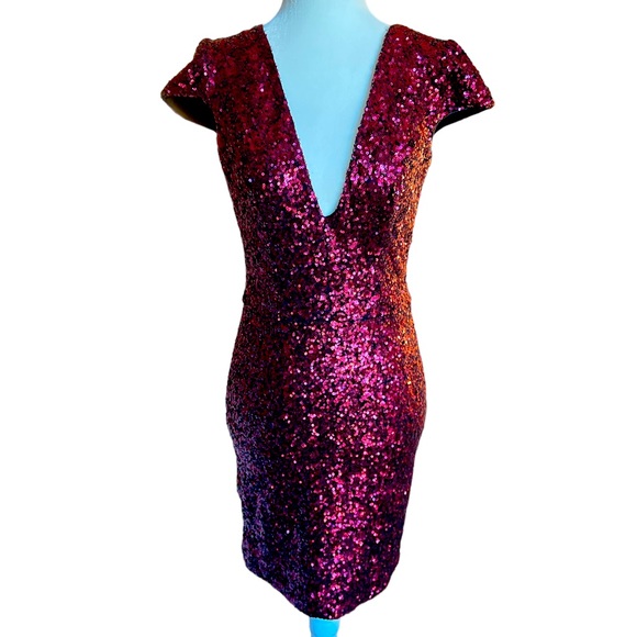 Dress The Population Red Sequin V-Neck Short Cap‎ Sleeved Mini Dress Small Party - Picture 1 of 13